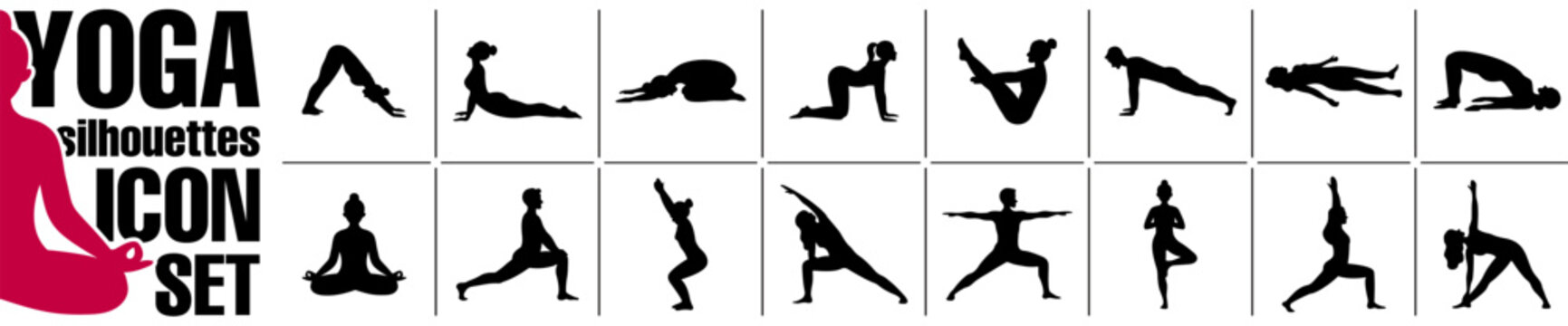 Yoga silhouette icon set featuring multiple fitness poses, meditation exercises and stretching positions for wellness, workout, sport and healthy lifestyle