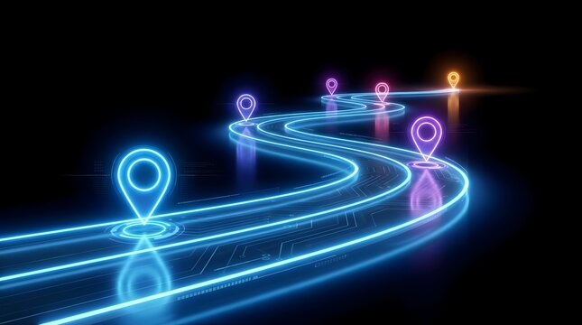 Digital path with neon map pins representing progress and navigation