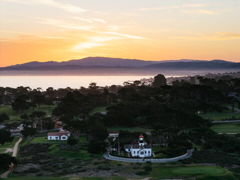 Point Pinos Lighthouse at sunset overlooking Monterey Bay, California, USA