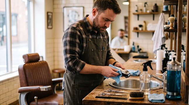 Barber cleaning clippers in a vintage style barbershop with leather chair and tools on counter