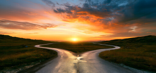 Obraz premium The sunset reveals two paths diverging prominently, serving as an allegory for choices and personal development.