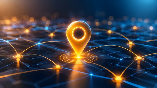 Abstract Digital Map Pin and Location Marker on Glowing Network Grid
