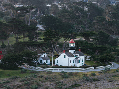 Point Pinos Lighthouse at sunset overlooking Monterey Bay, California, USA
