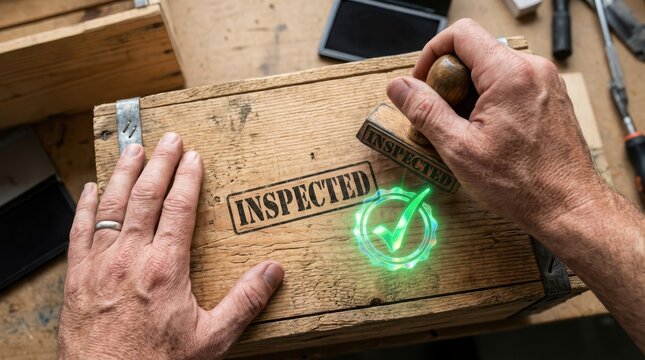 Hands stamping inspected label on wooden crate with green checkmark effect
