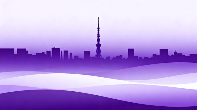Stylized City Skyline with Distinctive Tower in Purple Tones