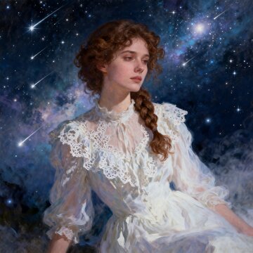 Young Woman in Vintage White Dress Against Starry Sky