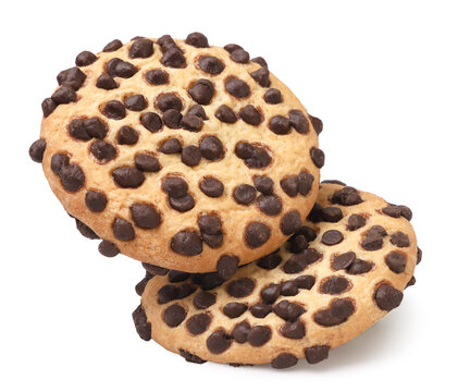Chocolate chip cookies levitating on a white. Isolated