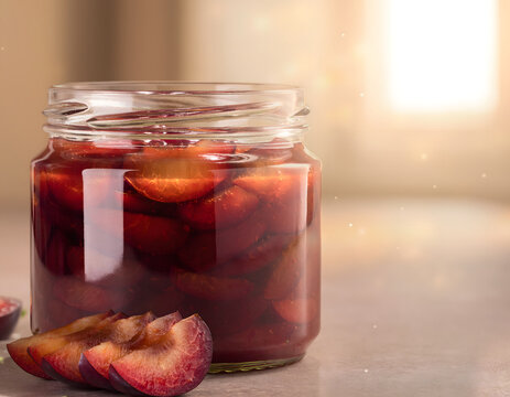 Glass jar filled with homemade red plum compote or jam on a light tabletop with fresh sliced fruit pieces in the foreground and warm morning window in the soft background close view