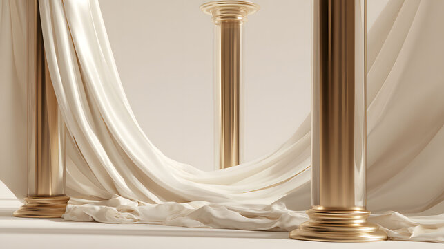A modern, luxurious empty space featuring golden glass columns and flowing silky fabric under soft light, showcasing a premium and clean product display backdrop