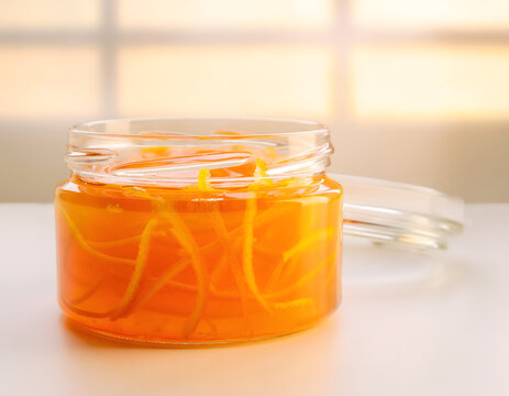 Orange marmalade jam in a glass jar with sweet citrus peel slices on a bright table background homemade clear filled sitting white surface warm soft window light breakfast baking concepts