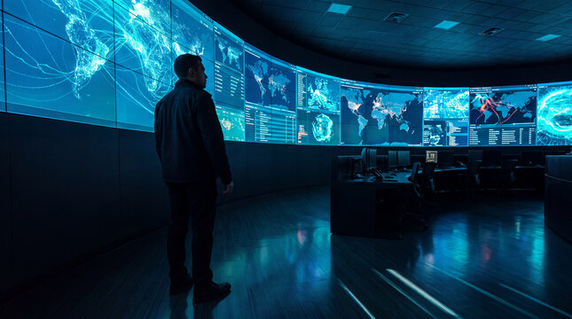 Silhouette of a man viewing a massive curved wall of global network data