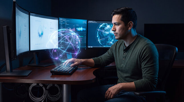 Man at a multi-monitor desk interacting with a glowing network globe hologram