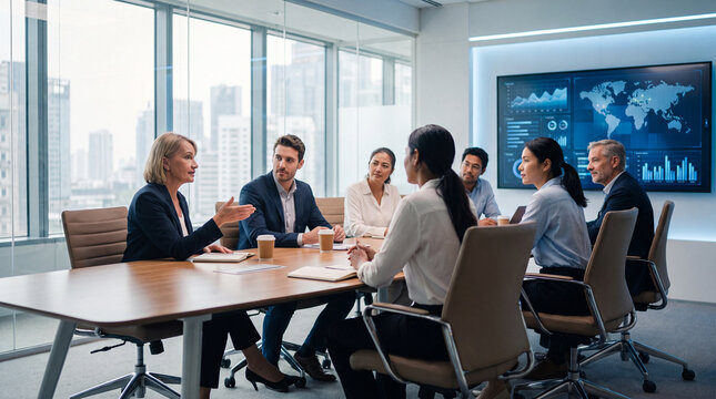Executive team meeting around a conference table with a data dashboard on the wall