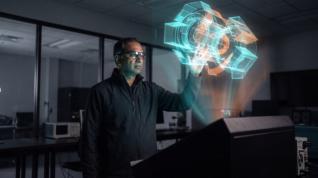 Man wearing smart glasses interacting with a glowing hexagonal machine hologram