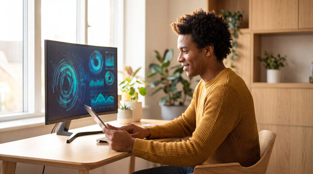 Man smiling at a holographic data dashboard while working from a home office
