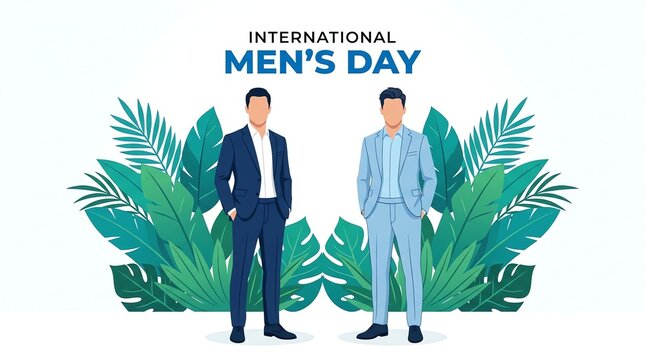 International Men's Day Celebration with Two Professional Men in Suits and Tropical Foliage