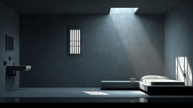 Dark concrete prison cell featuring narrow barred window and sunlight streaming through ceiling opening onto minimalist bed with white pillow
