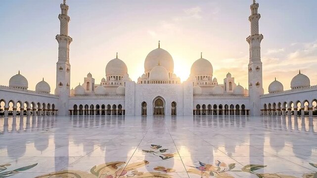 Beautiful sheikh zayed grand mosque in abu dhabi with sunrise light reflecting on the marble floor