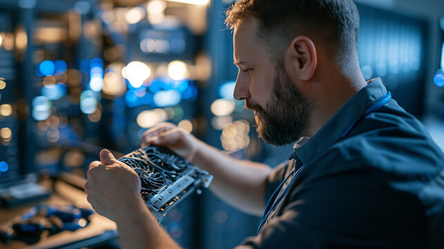 Over the shoulder view of a confident european remote hands technician holding a replacement fan tray and installing it into a customer server inside a bright colocation data center rows