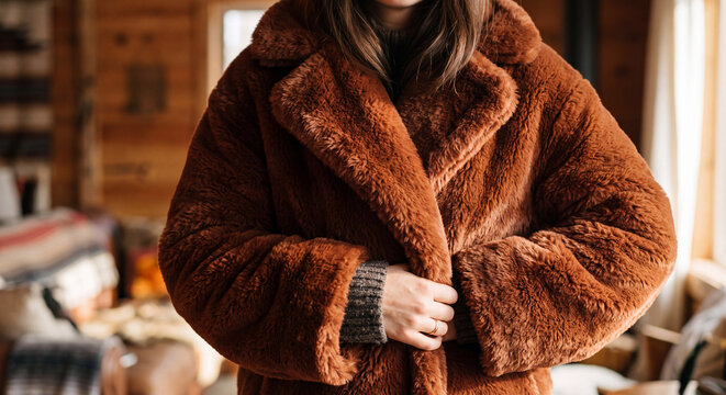 Person Wearing Oversized Faux Fur Coat