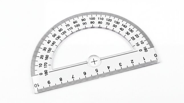 Clear plastic protractor used for measuring angles and geometry in academic settings on white background