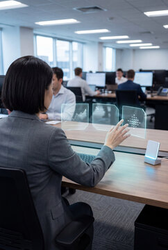 Businesswoman viewing translucent holographic panels with charts and data icons