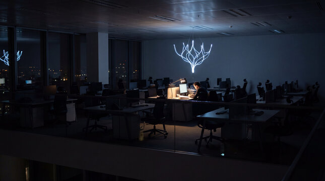 Lone employee working late in a dark office beneath a glowing branch light fixture