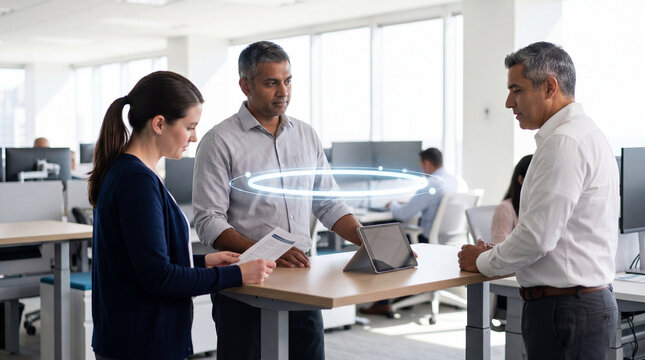 Colleagues gathered around a glowing halo-shaped hologram in an open office