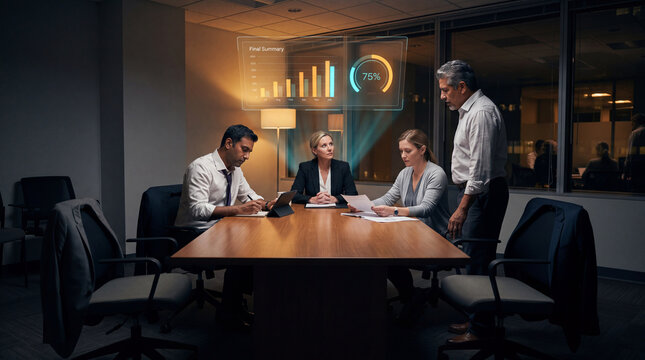 Team reviewing a final summary hologram with growth charts in an evening meeting