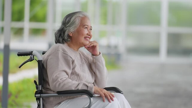 Senior woman sits in wheelchair, smiling gently. She rests her chin on her hand, gazing thoughtfully ahead