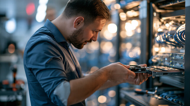 Over the shoulder view of a confident european it technician holding a replacement fan tray and sliding it into a rack mounted server inside a bright colocation facility rows of cable