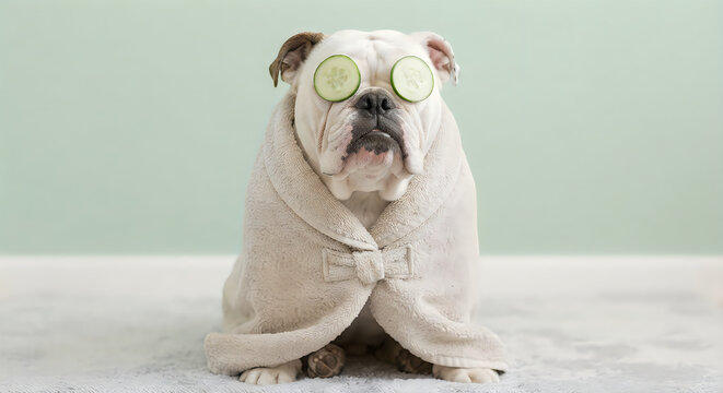 Cute bulldog wearing cucumber sunglasses and a bow tie sitting