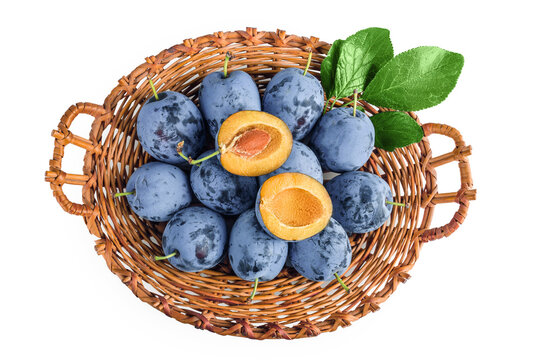 fresh blue plum in wicker basket isolated on white background. Top view. Flat lay