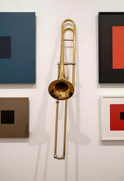 Music education and jazz performance, golden trombone hanging on a white wall with modern abstract art frames in a gallery or music school interior