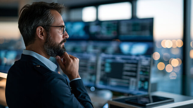 Rear view of a confident european security operations duty manager standing in a bright control office watching a wall of monitors as a digital duty roster dynamically rebuilds itself with