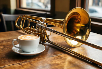 Obraz premium Jazz music and coffee culture, brass trombone instrument with a latte cup on a wooden table in a cafe for creative inspiration and artistic lifestyle