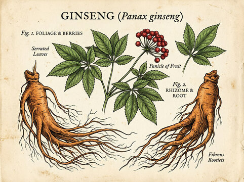 Vintage botanical illustration of panax ginseng showing foliage, red berries, and root system on a textured paper background
