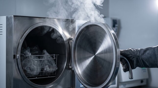 Steam rising from a laboratory autoclave used for biohazard waste decontamination