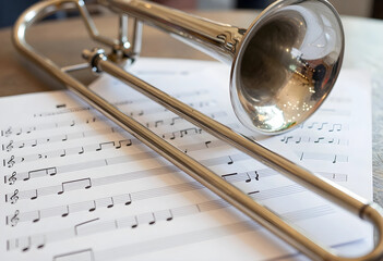 Obraz na płótnie Canvas Music education and performance, silver trombone resting on sheet music for classical orchestra practice, creative arts and hobby inspiration in studio