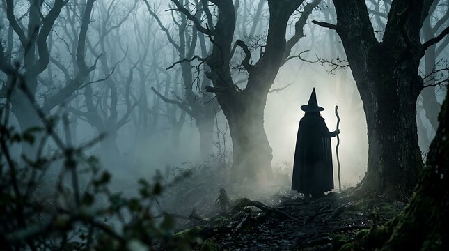 Mysterious witch standing with a wooden staff inside a dark foggy forest filled with tall eerie trees during nighttime atmosphere