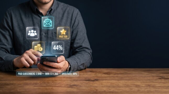 Smartphone with glowing subscriber analytics and paid membership metrics displayed as futuristic glass panels in dark business setting with warm wooden desk and clean copy space