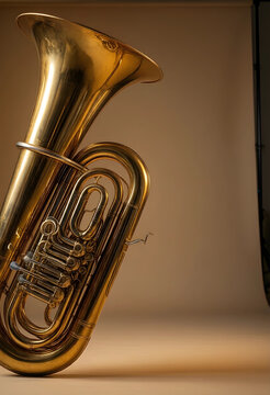 Music education and orchestral performance, golden tuba brass instrument for classical concert or jazz band, professional musical equipment in studio