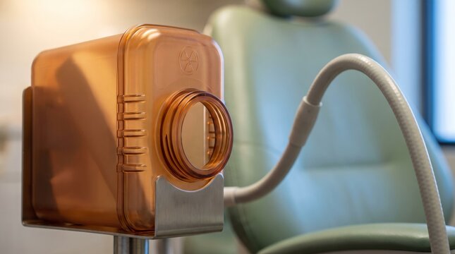 Close-up of a sharps container mounted beside a dental delivery unit