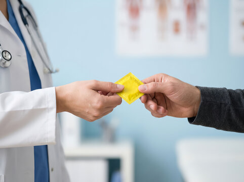 Doctor handing a condom to a patient in a medical office