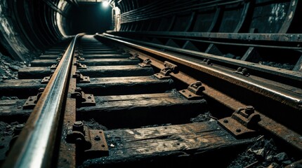 Obraz premium Dimly lit subway tunnel features worn train tracks leading into darkness. Rusty rails and old wooden sleepers show age and disuse, creating mysterious industrial atmosphere. Journey into unknown.