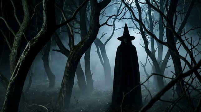 Mysterious witch standing tall in dark foggy forest wearing long flowing black cloak and pointed hat during cold moonlit night