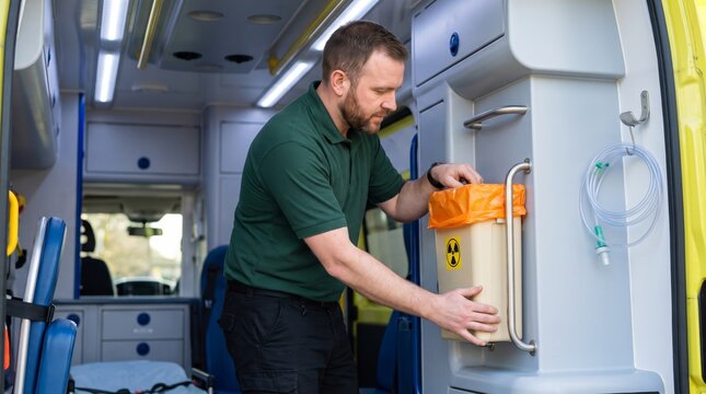 Paramedic restocking a clinical waste unit inside an ambulance