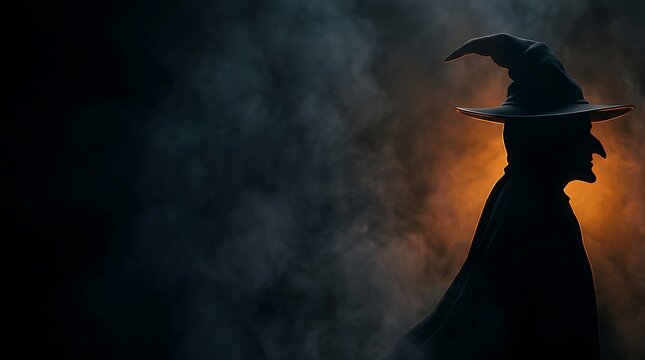 Mysterious witch silhouette standing against dark smoky background with glowing orange light highlighting the sharp point of her classic hat