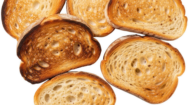 Golden brown toasted sourdough bread slices in a pile during morning light for breakfast or sandwiches isolated on transparent background