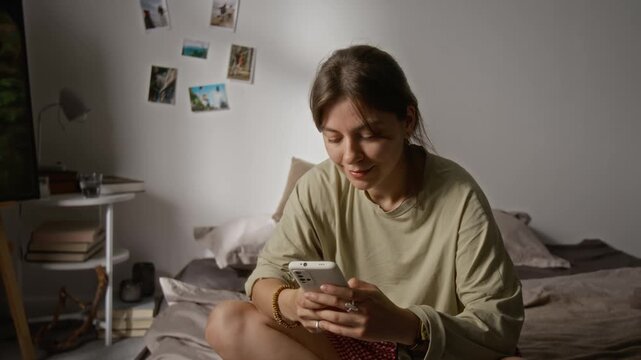 Portrait of young Caucasian woman using smartphone and smiling at camera at home. Perfect for mobile app marketing, social media campaigns, and modern telecommunication promotions